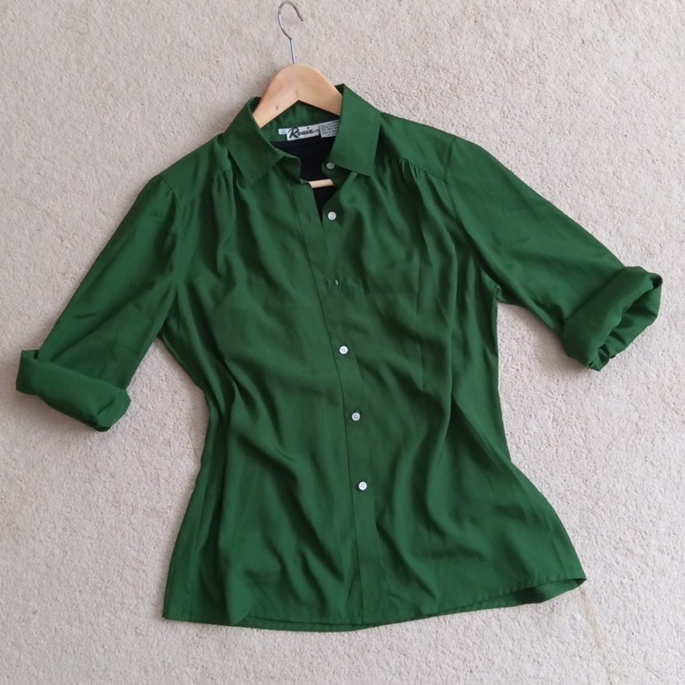 Ptp21" Vintage Flowy Green Long Sleeve Ruched Button Blouse - Picture 9 of 15